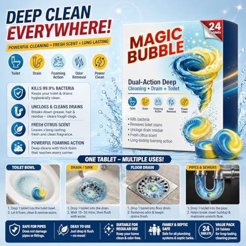 Image of Dual Action Magical Drain & Toilet Cleaner Tablets for Deep Cleaning & Odor Removal | Foaming Cleaning Tablets for Sink, Pipe & Toilet Unclogging Support | Fresh Citrus Fragrance (24)