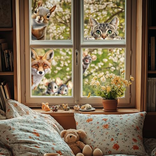 ANATTASOUL Fensterbilder Doppelseitig Eichhörnchen, Hund und Katze Fensterdeko Wiederverwendbar Fenstersticker Blickdichter Fenster Aufkleber Deko Frühling Sommer für Kinderzimmer Badezimmer