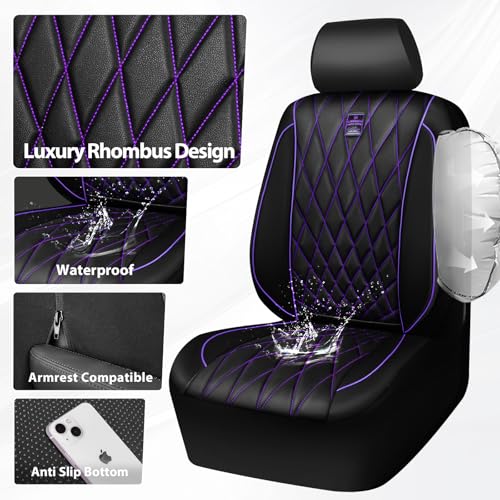 Image of CAR PASS Piping Luxury Faux Leather Two Front Car Seat Covers, Waterproof Anti Slip Premium Automotive Seat Covers,Universal Fit for Suvs,Vans,Trucks, Armrest Airbag Compatible (Black and Purple)