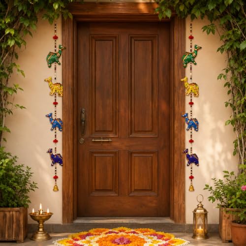 Image of Bindian Handcrafted Rajasthani Wind Chime with Bells, Multicolour, 72x23 cm, Traditional Wall Hanging for Home, Garden & Balcony (Camel Pack of 2)
