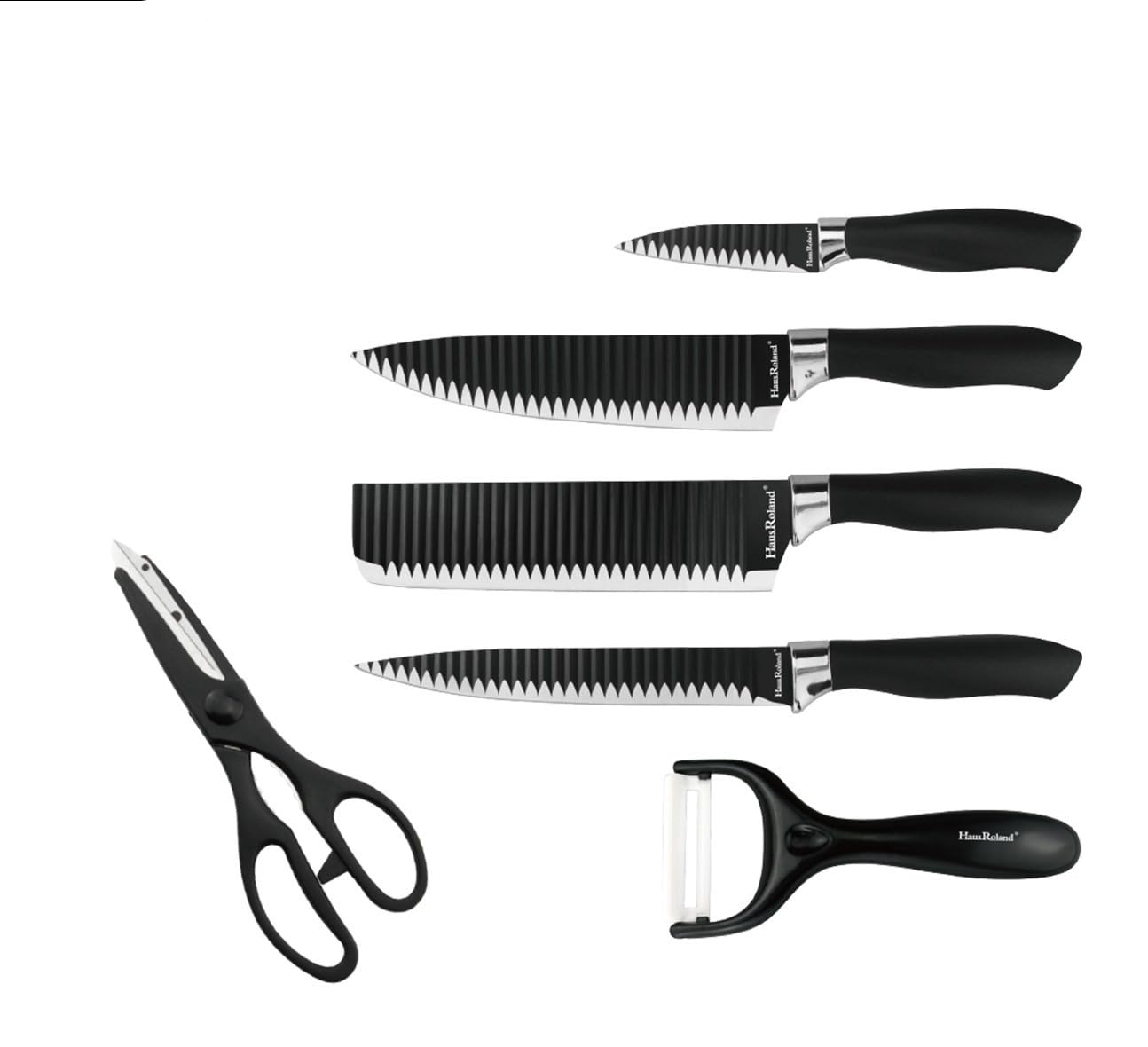 6 Pieces Black Knife Set, Stainless Steel and Non-Stick Blades, Including Peeler and Scissor, Kitchen Cutlery Knives Set, Cooking Utensil Sets, Daily Use with Gift Box,