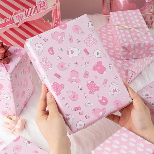 MAYPLUSS Baby Pink Girl Gift Wrap Paper - 17Inch x 33Feet - Cute Kid Pink Snapsuit, Bottle & Bayby Feet Baby Shower Wrapping Paper for Birthday Present, Gender Reveal Theme New Baby Party Decoration