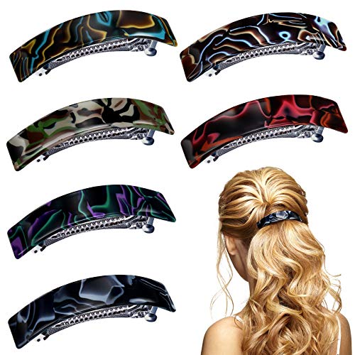 Chunyin 6 Pieces French Curved Hair Barrettes Cellulose Acetate Hair Clips Tortoise Shell Hair Barrettes French Design Hair Barrette for Women Girls, 6 Colors