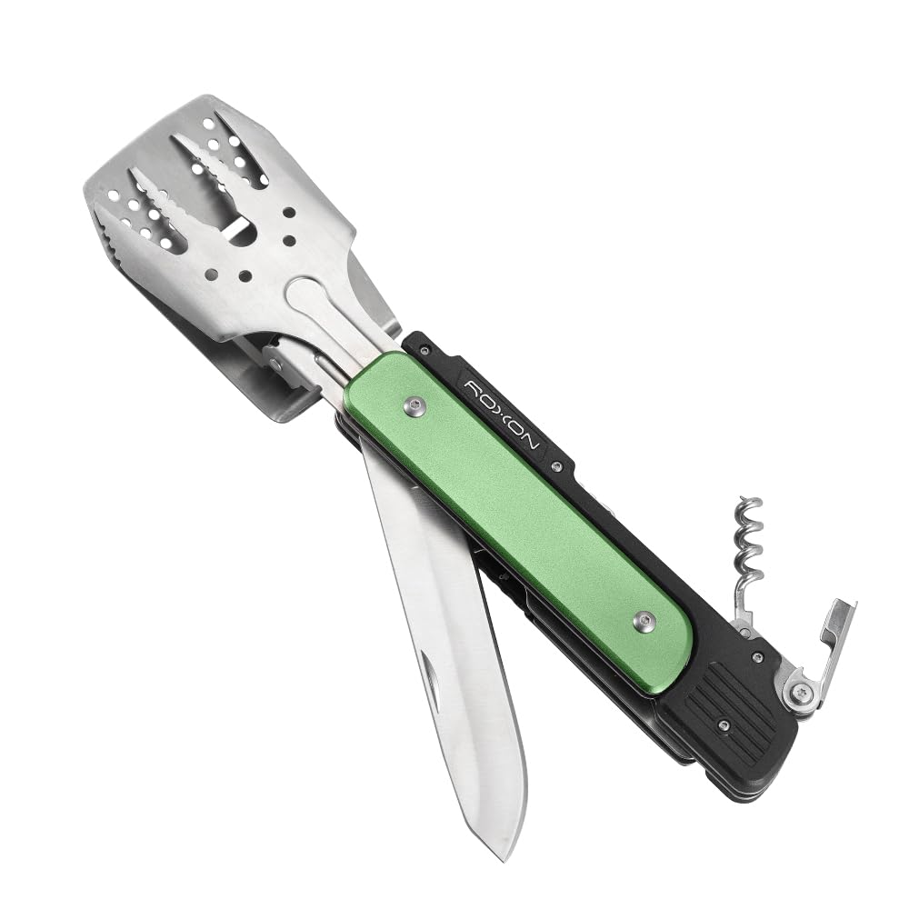 ROXON S601 14-Zoll 6-in-1 MBT3 Faltbares Grillbesteck Set (Grün) | Gabel, Pfannenwender, Grillmesser, Zange, Öffner – für Grillpartys im Garten und Camping (Grün)