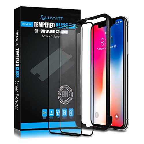 Luvvitt Tempered Glass (2 Pack) Screen Protector for iPhone X Case Compatible Curved with Application Tool for iPhone X 10 (2017) - Black