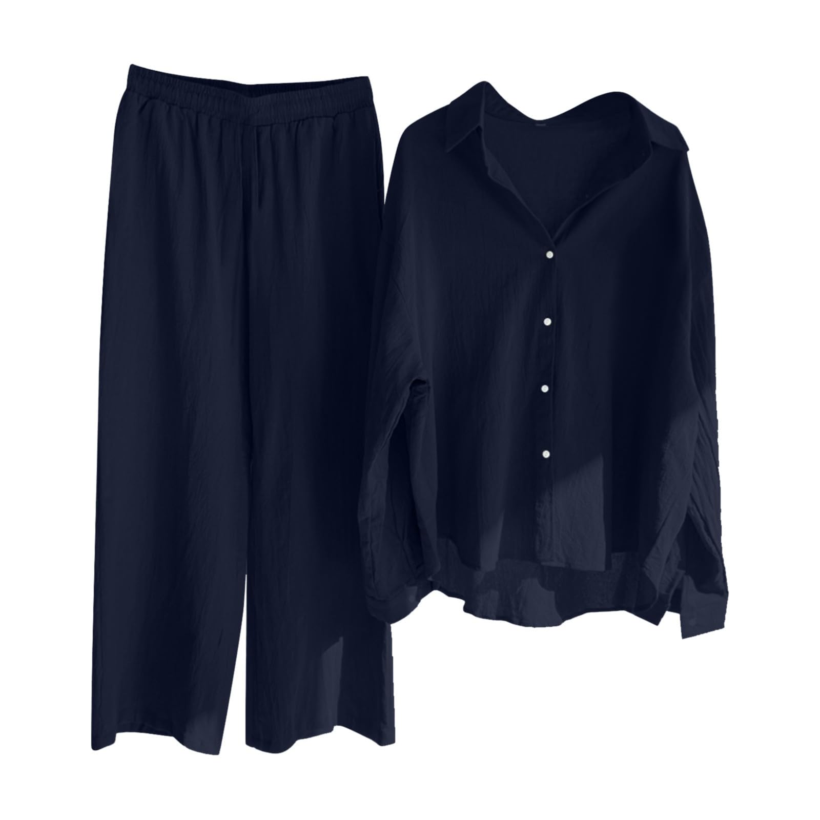 Zweiteiler Damen Elegant Baumwoll Leinen Freizeitanzug Musselin Langarm Hemd Weite Leinenhose Sommer Leicht Leinenanzug Hausanzug Lounge Set Freizeit Lose Schlafanzug Hosenanzug Urlaub Alltag Hochzeit