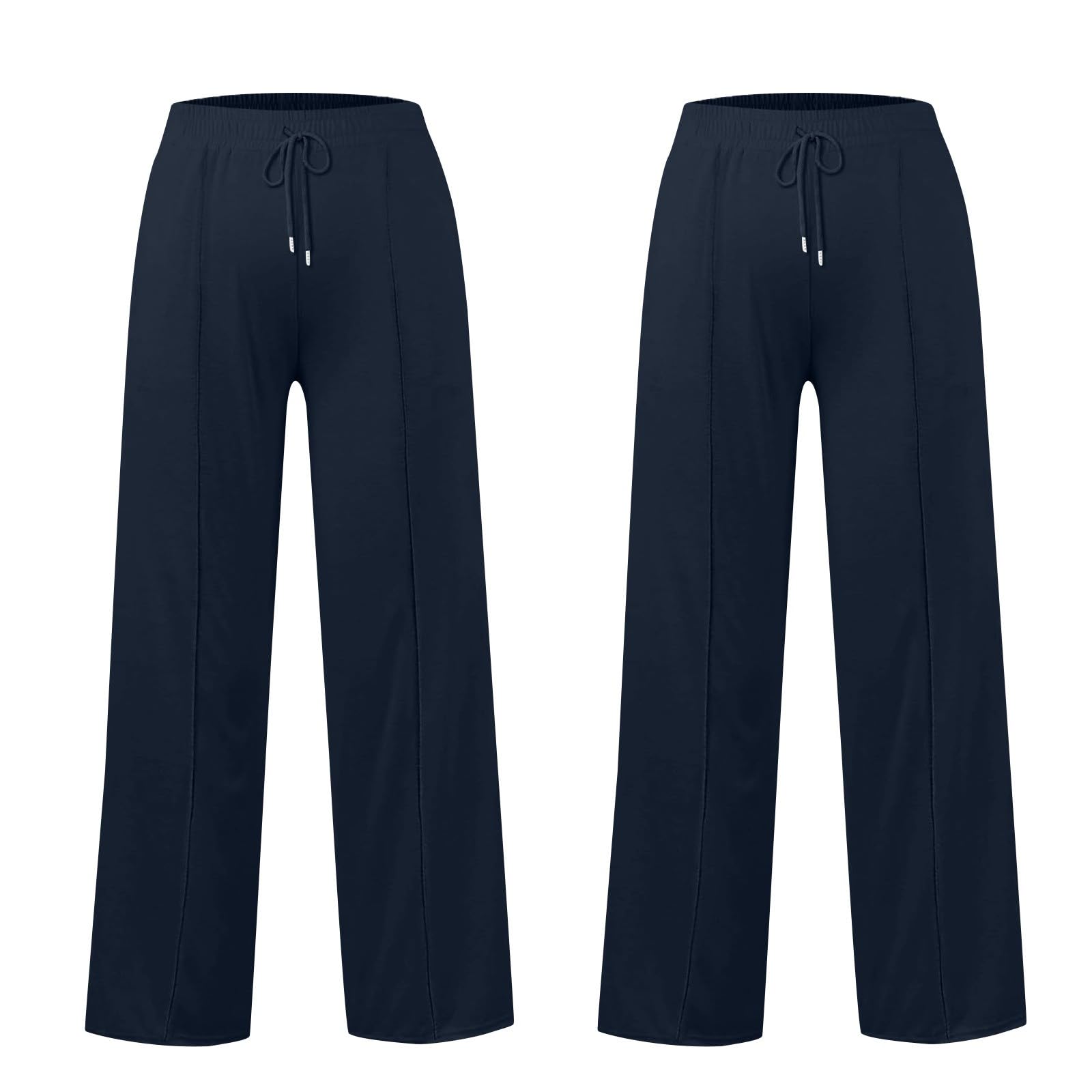 Paquete de 2 pantalones deportivos de pierna ancha para mujer, con bolsillos, elásticos, de cintura alta, elásticos, de pierna recta, para oficina, trabajo, pantalones palazzo con bolsillos y cordón