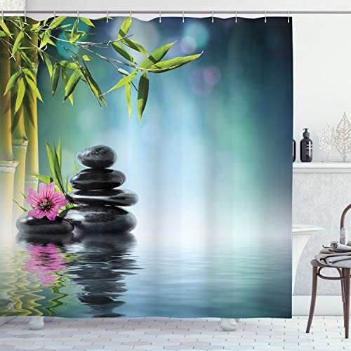 ABAKUHAUS Spa Shower Curtain, Tower Stone and Hibiscus with Bamboo on the Water Blurry Background, Cloth Fabric Bathroom Decor Set with Hooks, 94 Inches, Petrol Blue Lime Green