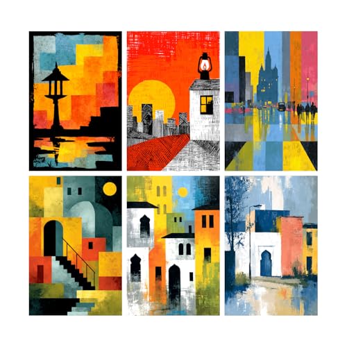 Image of SiddArtify Abstract Cityscape Wall Art Prints Set - Modern Architectural Poster Decor for Living Room Office - 8x12 Sticker Pack of 6