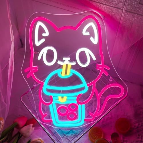 Image of Cat Boba Tea Neon Sign,Cute Pink Kitty Bubble Tea Neon Signs for Wall Decor,Dimmable LED Neon Light Bar Sign,USB Light Up Signs for Kids Bedroom Dimsum Store Cofes Bar Milk Tea Shop