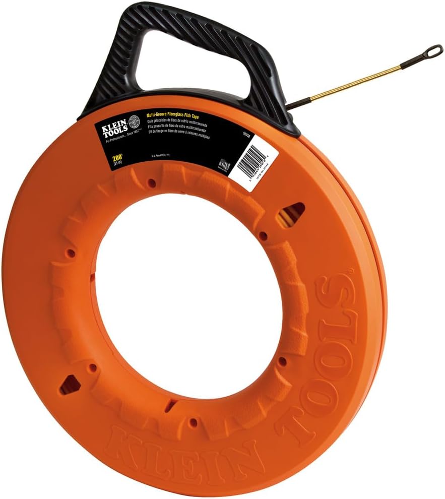 Klein Tools 56056 Fiberglass Fish Tape, 200-Foot Wall Snake is 3/16-Inch Wide Non-Conductive Multi-Groove Fish Tape with 7-Inch Leader
