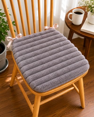 Image of COZY FURNISH Grey Solid Fluffy Chair Seat Cushions with Ties, 16x16 Inch Faux Fur Dining Chair Pads with Foam Filling, Pack of 2