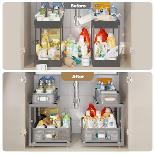 Image of 2 Pack 18.5IN-Depth Under Sink Organizer With Next-Gen Ball-Bearing Slides,2-Tier Precision Mesh Pull Out Cabinet Storage for Bathroom&Kitchen,Height Adjustable Drawers Shelf,Anti-rust-Grey