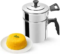 Cuscuzeira Individual de Alumínio Polido, Panela com Tampa 15cm Altura, 10cm Diâmetro, Alças Baquelite, para Cuscuz e Legumes no Vapor, Fundo Reto