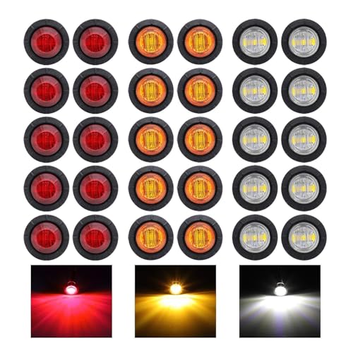 Ledvillage Pack of 30 3/4 Inch Mini Round 10 Amber + 10 Red + 10 White 3 LED Trailer Side Marker Button Lights Clearance Signal Lamp Boat Lorry Truck Pickup Bus 12V DC