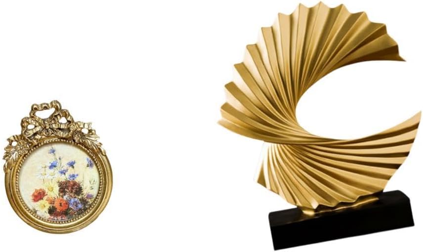 Fenteer Round Picture Frame Small Vintage Golden Resin Photo Frame Wave Sculpture Decorative Ornate Hand Crafted Suitable for Home Office
