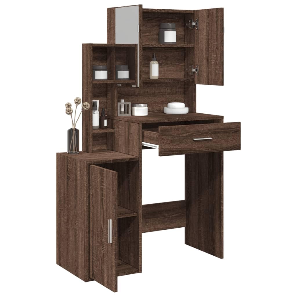 Tocador con armario marrón efecto roble 80 x 35 x 132 cm, material de madera con espejo y cajón, para dormitorio, habitación de niña, habitación juvenil, con mucho espacio de almacenamiento y