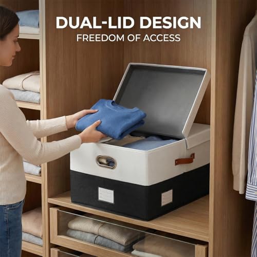 Image of PRANDOM Storage Bins with Lids [3-Pack] Linen Fabric Foldable Storage Boxes Organizer Containers Baskets Cube with Cover for Bedroom Closet Office Grey&Black (23.4X15.9X11.4)