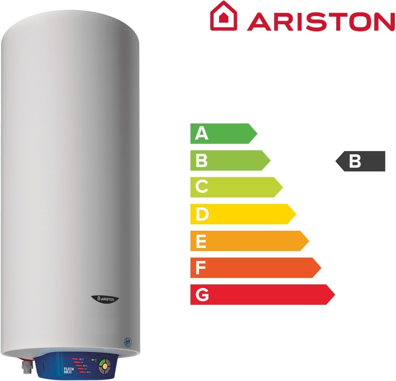 Ariston, Fleck Nilo - Termo Eléctrico 75 Litros, Calentador de Agua Eléctrico Horizontal y Vertical Eficiente, Calentadores 41.3x43x95 Fabricado para Instalación en España - Eficiencia B, Rango (A+/F)