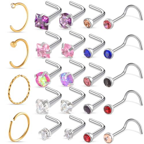 Gibtikoy 24Pcs Gold Nose Rings Hoops, 20G Surgical Stainless Steel Nose Studs, Hypoallergenic L Shaped Corscrew Nose Screw Piercing with 1.5mm 2mm 2.5mm 3mm CZ for Women Men