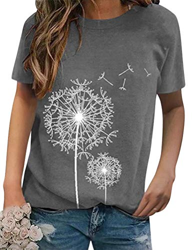 WIEIYM Damen T-Shirt mit Rundhals, Lässiges Löwenzahn Gedruckt Tee Shirt Sommer Basic Leicht Tunika Frauen Teenager Mädchen Mode Freizeit Tunika Bluse Jahrgang Tops (Grau, 2XL Cover