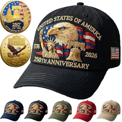 United States 250th Anniversary Hat,Eagle & Liberty 250 Year American Anniversary Embroidered Cap with Badge (Black)