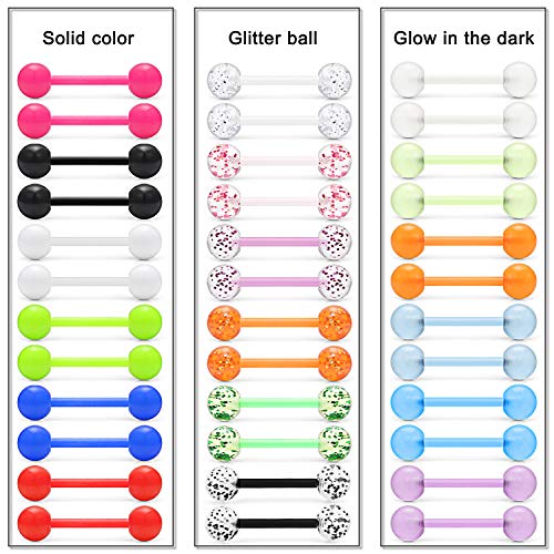 Lcolyoli 36Pcs 14G Glow in Dark Flexible Acrylic Straight Tongue Barbell Nipple Ring Retainer Piercing Jewelry for Women Men 16mm Bar3