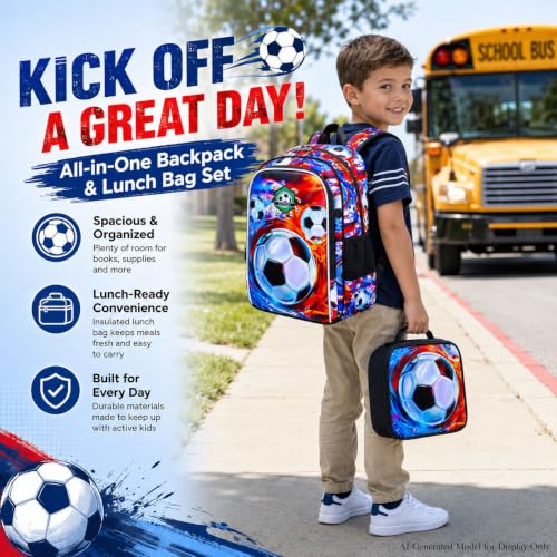 Image of Soccer Backpack for Boys, 16 inch Kids Bookbag with Lunch Box, 3Pcs Football School Backpacks for Elementary Preschool Kindergarten (Fire and Ice)