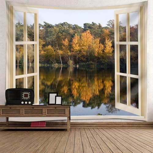 Cortina de pared tipo tapiz de 150 x 150 cm con diseño de lago y árboles