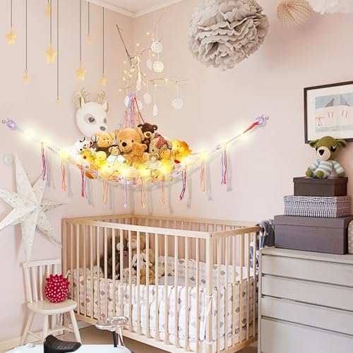 Image of CERETIA Stuffed Animal Hammock with LED Light, Large Stuffed Animals Storage Corner Plushie Net for Kids Room Decor, Rainbow