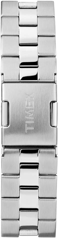 Close-up of the Timex Metropolitan+ Smart Watch's silver-tone bracelet with the Timex logo engraved on the clasp.