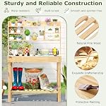 HAPPYGRILL Potting Bench Table, 60” Wood Garden Work Bench Workstation with Storage, Flip-Up Tabletop, Shelves & Hanging Hooks, Outdoor Garden Table for Patio, Lawn & Porch
