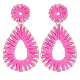 Legitta Raffia Teardrop Dangle Earrings Hot Pink Bohemian Tassel Fringe Rattan Hoop Statement Drop E