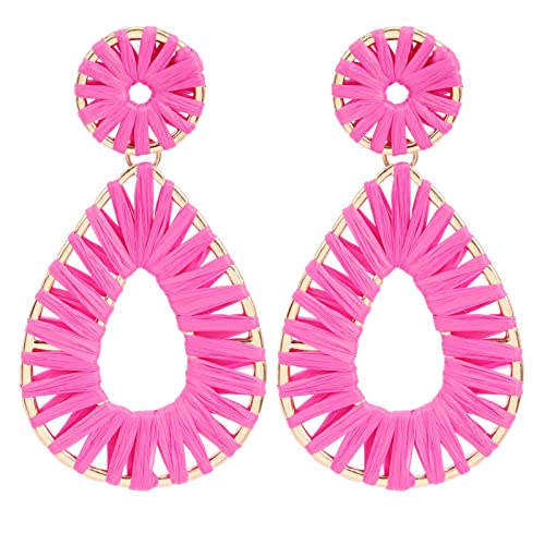 Legitta Raffia Teardrop Dangle Earrings Hot Pink Bohemian Tassel Fringe Rattan Hoop Statement Drop Earrings For Women Girls #TOP10