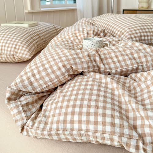 Image of LifeTB Queen Comforter Set Tan Gingham Comforter Modern Style Beige Plaid Comforter Set 3 Pieces Fluffy Grid Checkered Comforter with 2 Pillowcases Boho Gingham Bedding Set Queen Size