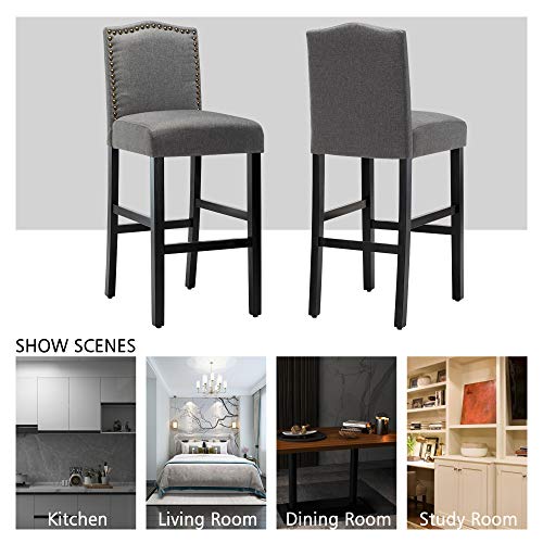 Lsspaid 28.5 Inches Fabric Backed Bar Stools Set Of 2, Fabric Counter Backed Bar Stools, Nailhead Barstools With Solid Wood Legs, Gray #TOP3