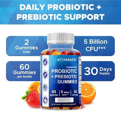 Image of Vitamatic Sugar Free Probiotic + Prebiotic Gummies, 60 Count | 5 Billion CFU Bacillus Coagulans per serving, Support Digestive Health and Gut Flora Balance*, Non-GMO, Made in USA