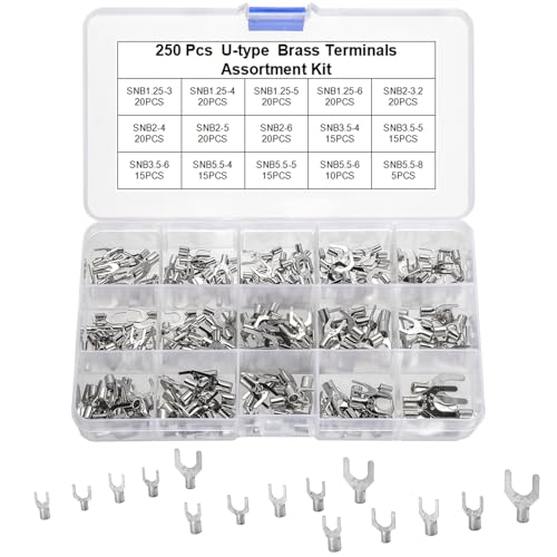KOXXIAMOQ Ensemble de Cosse de Câble, 250 Pièces Cosse à Fourche Plate, Connecteurs Pince de Cuivre, Cosse de Câble en Cuivre, Connecteurs de Câble, 0,5-1,5mm²...