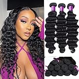 Pinjuoo Loose Deep Wave Bundles 3 Brazilian Bundles Human Hair 14 16 18 Inch 100% Unprocessed Raw Wavy Human Hair Bundles Short Weave Curly Hair Extensions Natural Black Color for Black Women