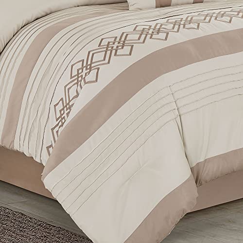 Chezmoi Collection ARIEL-COM-TAUPE-CAL KING Ariel 7-Piece Taupe Geometric Chenille Embroidery Pleated Striped Comforter Bedding Set thumb #3