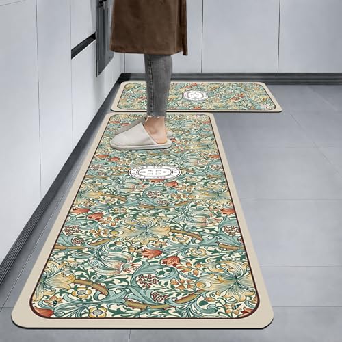Image of Luxe Home Kitchen Mat Combo Beauty Floral Design Standing Desk Floor Mat Non Slip Kitchen Rugs, Comfort Runner Floor for Home Office, Sink & Laundry - White (116x36 & 58x36 cm PC-2)