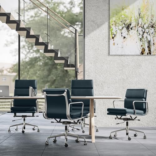 Image of Mid-Back Genuine Leather Office Chair, Padded Executive Desk Chair with Aluminum Arms and Base, Swivel Wheels with Lumbar Support & Tilting Function, Hight Adjustable, Silent Weheels, Dark Blue