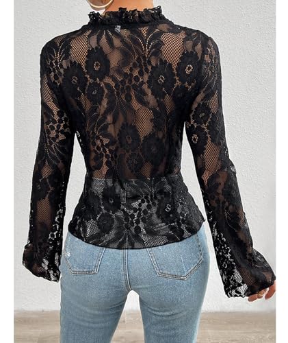 Image of xxxiticat Women's Long Sleeve Lace Top V Neck Ruffle Trim Hollow Out Front Open See Through Floral Tie Up Cardigan Shirt