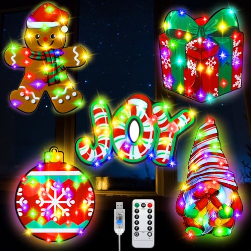Kanayu 5 Pcs Christmas Window Lights Decorations Lighted Christmas Window Silhouette 8 Modes USB Powered with Remote Timer Light Up Holiday Sign Display Hanging Ornaments (Cute Style) by Kanayu - Used condition - US$22.60
