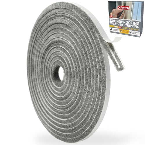 XFasten Self Adhesive Weather Stripping for Windows and Doors, 0.35" x 33 Ft Soundproofing Door Brush Seal Draft Stopper, Gray Insulation Seal Strip for Summer Heat, Winter Draft Blocker, 0.35" Thick