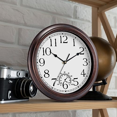 Image of KECYET 8.5 Inch Outdoor Wall Clock with Thermometers, Vintage Silent Wall Clocks Battery Operated, Retro Non-Ticking Clock Decorative for Living Room, Patio, Kitchen, Office, Bathroom, Bedroom(Bronze)