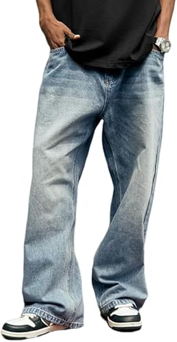 HUNGSON Mens Baggy Jeans for Men Women Y2k Skater Vintage Plain Pants Casual Wide Leg Jeans Loose Fit Denim Jeans Light Blue