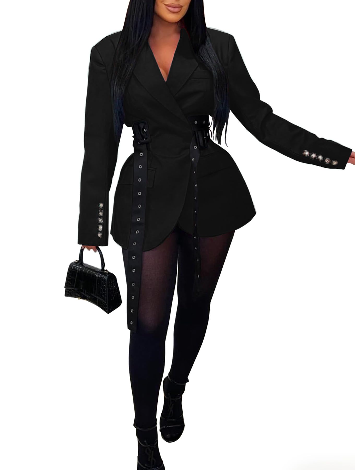 Long Sleeve Blazers for Women Business Casual Lapel V Neck Belted Slim Fit Blazer Dress Work Office Suit