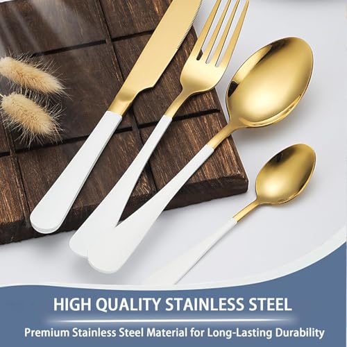 Image of 24 Pieces Flatware Set, Stainless Steel Cutlery Set with Silverware Holder, Modern Gold Silverware Set Includes Dinner Knives Forks Spoons,Hanging Silverware (White)