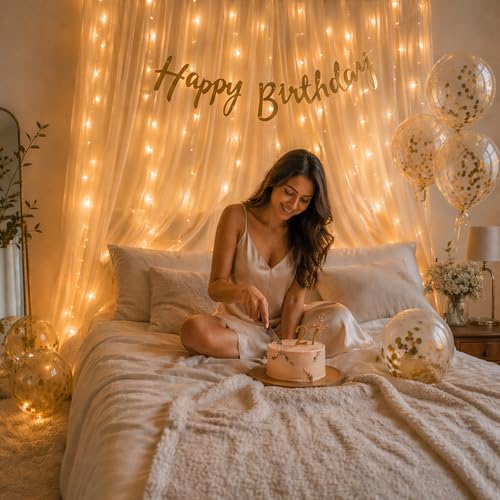 Image of Just Party Happy Birthday Decoration Kit - 21 Pcs with Balloons for Birthday Decoration, Net Curtain for Backdrop & Fairy Lights | Happy Birthday Banner & Decoration Kit